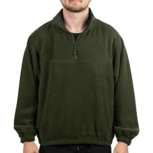A green 1/4 zip polar fleece pullover with a high collar and elasticated cuffs, featuring a logo on the chest.
