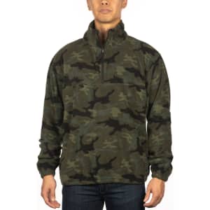 A 1/4 zip polar fleece pullover in green camouflage design, featuring an elastic waistband and a front pocket.