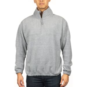 A grey 1/4 zip polar fleece pullover is worn by a model, featuring a high collar and elastic cuffs.