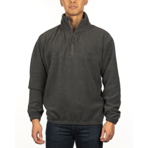 A grey 1/4 zip polar fleece pullover featuring a stand collar and elastic cuffs, on a model standing against a white background.