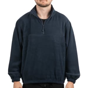 A navy blue 1/4 zip polar fleece pullover, featuring a high collar and elasticised cuffs. It has a logo on it.