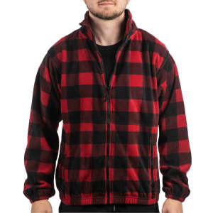 A full zip polar fleece jacket in a red and black checkered pattern, featuring a stand-up collar and side pockets.