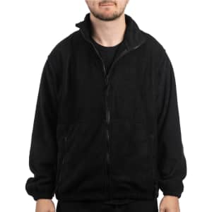 A full zip polar fleece jacket in black, featuring a high collar and two side pockets.
