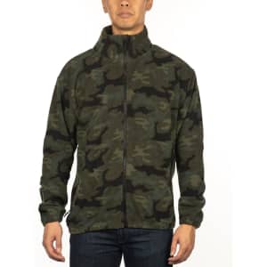 A full zip polar fleece jacket in a camouflage pattern, featuring a high collar and long sleeves.