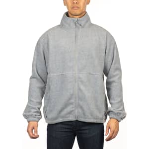 A full zip polar fleece jacket in light grey, featuring a high collar and elasticated cuffs. It has a logo.