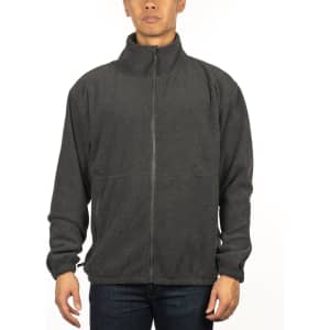 A full zip polar fleece jacket in dark grey, featuring a high collar and two front pockets.