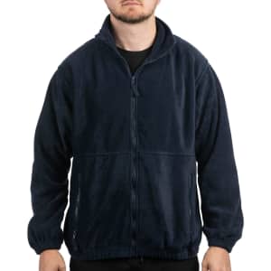 A navy full zip polar fleece jacket with a standing collar and front zip pockets. It has a logo on the chest.