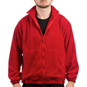 A red full zip polar fleece jacket with a high collar and zipped pockets, featuring a logo on the chest.