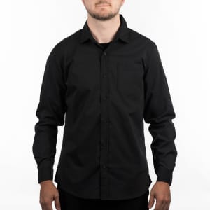 A black stretched poplin shirt featuring a front pocket and button-up design, displayed on a model against a white background.