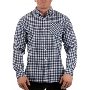 A fitted, navy and white checked shirt with a single chest pocket and button-up front. It features long sleeves and a collar.