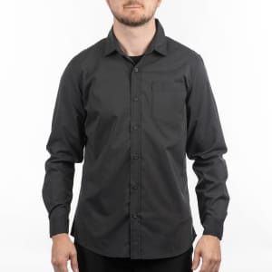 A black Stretched Poplin Shirt with long sleeves and a chest pocket, featuring a logo.
