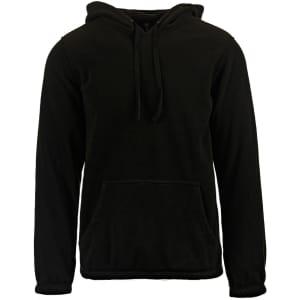 A black pullover hoodie with a front pocket and adjustable drawstring hood. It features a logo on the front.