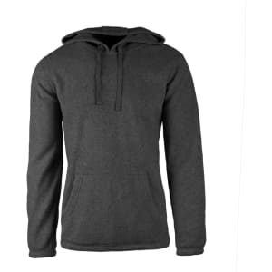 A grey pullover hoodie with a front pocket and drawstring hood, featuring a logo on the chest.