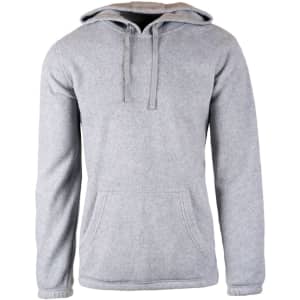 A grey hoodie featuring a front pocket and a drawstring hood, with a simple design and a small logo.