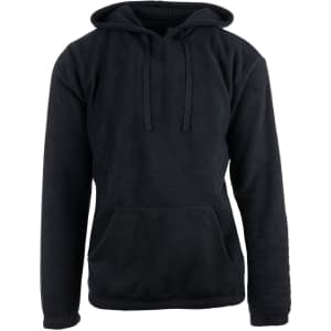 A black pullover hoodie featuring a front pocket and a drawstring hood. It has a logo on it.