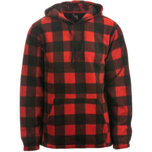 A comfy pullover hoodie featuring a red and black checkered pattern, with a front pocket and hoodie strings.