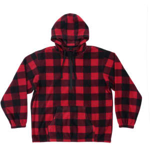 A red and black checked 1/4 zip polar fleece hoodie with a hood and front pocket. It features a logo.
