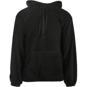 A black 1/4 zip polar fleece hoodie with a front pocket and a hood. It features a logo on one sleeve.
