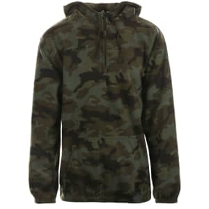 A 1/4 zip polar fleece hoodie in a green and brown camouflage pattern, featuring a hood and a front pocket.