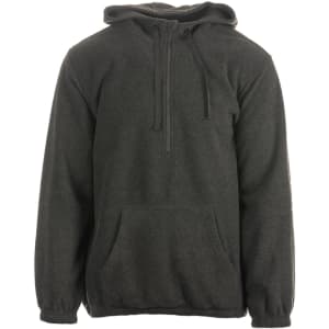 A 1/4 zip polar fleece hoodie in dark grey, featuring a hood and a front pocket. It has a logo.