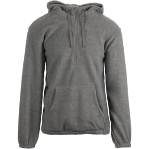 A grey 1/4 zip polar fleece hoodie with a front pocket and a hood. It features a logo on the chest.