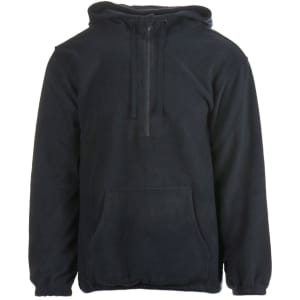 A black 1/4 zip polar fleece hoodie with a front pocket and a hood, featuring a logo.