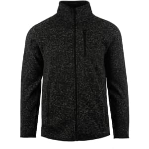 A men's sweater knit jacket in black with a textured pattern and a zippered chest pocket. It has a high collar.