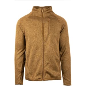 A full zip sweater knit jacket in a warm brown colour, featuring a zippered chest pocket and a high collar.