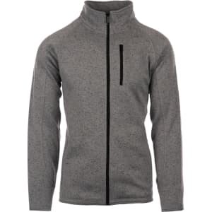 A grey full zip sweater knit jacket with a zippered pocket and a collar. It features a logo.