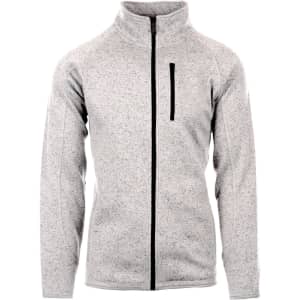 A full zip sweater knit jacket in grey, featuring a zip pocket and a stand collar. It has a logo on the sleeve.