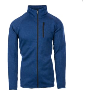 A full zip sweater knit jacket in a vibrant blue colour, featuring a zippered chest pocket and a high collar.