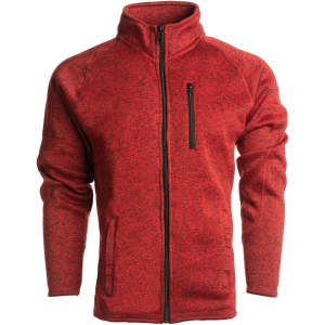 A red full zip sweater knit jacket featuring a zipped chest pocket and two side pockets. It has a collar and a textured finish.