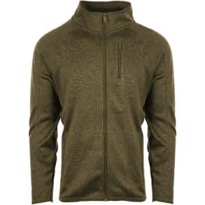 A full zip sweater knit jacket in olive green with a zippered chest pocket and a minimal logo.