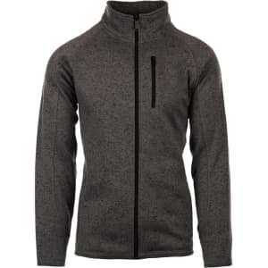 A grey full zip sweater knit jacket features a high collar and a zippered chest pocket. It has a logo on the sleeve.
