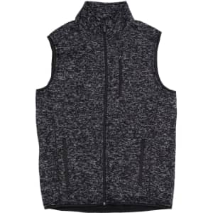 A sweater knit vest in grey and black with a high collar and zippered pockets. It features a logo.