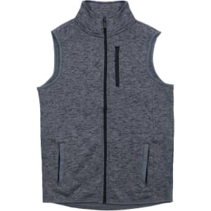 A grey sweater knit vest featuring a full zip, high collar, and two front pockets.