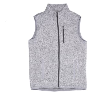 A grey sweater knit vest featuring a high collar and zippered front, with side pockets and a small logo.