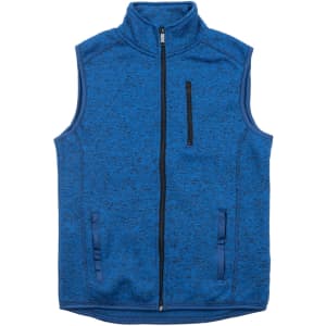 A blue sweater knit vest with a high collar, front zip, and two side pockets. It features a zippered chest pocket.