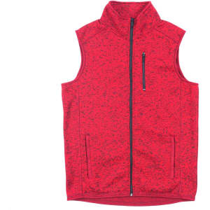 A red sweater knit vest featuring a high collar, zippered front, and side pockets. It has a branding logo.