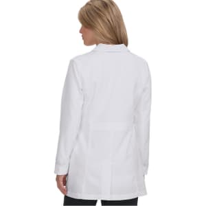 A white lab coat featuring a classic style with a back vent detail. Includes a logo on the upper side.