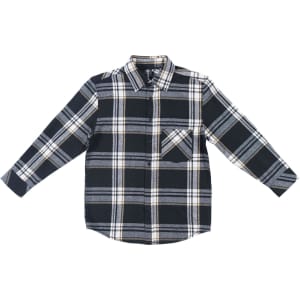 A long sleeve yarn-dyed flannel shirt featuring a navy and white plaid pattern with a single chest pocket.