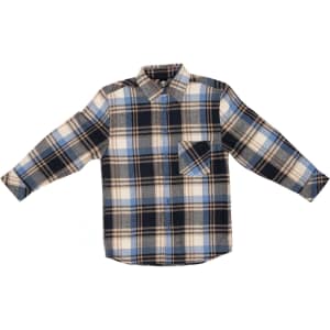 A plaid flannel button-up shirt in navy, light blue, and beige with a pocket and a logo.