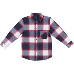 A red, navy, and grey plaid long sleeve yarn-dyed flannel shirt with a button-up front and chest pocket.