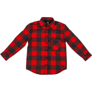 A red and black plaid flannel button-up shirt with long sleeves and a chest pocket. It features a logo.