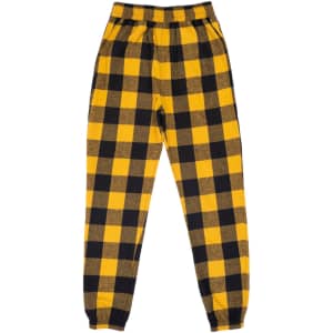 Comfy flannel jogger pants in a yellow and black check pattern with a logo. Features an elasticated waistband.