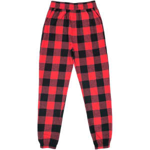 Red and black checkered flannel jogger pants with an elastic waistband and tapered legs. Contains a logo.