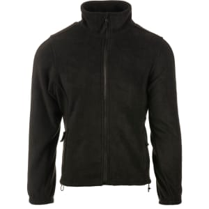 A black full zip polar fleece jacket with a high collar and two side pockets. Features a logo on the chest.