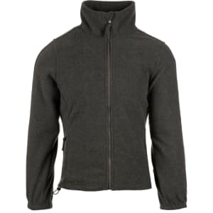A full zip polar fleece jacket in dark grey, featuring a high collar and zippered front. It has a logo on the jacket.