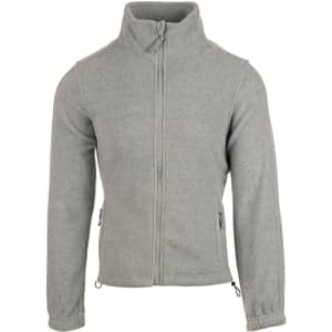 A full zip polar fleece jacket in grey, featuring a high collar and zippered side pockets. It includes a logo.
