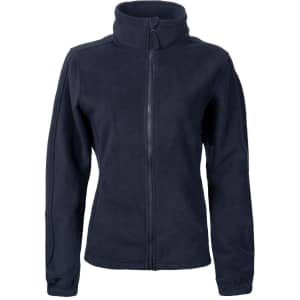 A full zip polar fleece jacket in navy blue with a high collar and zippered front. It features a logo on the chest.